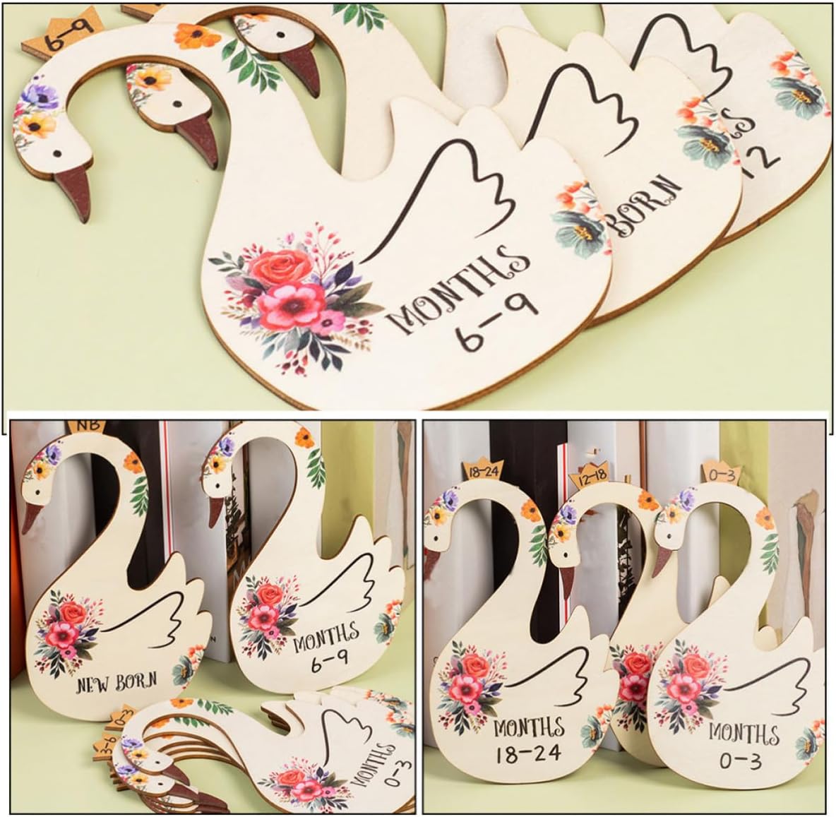 7pcs Closet Clothing Dividers Wooden Double-sided Cartoon Swan Size Organizer for Nursery Storage and Closet Organizing with Month Information