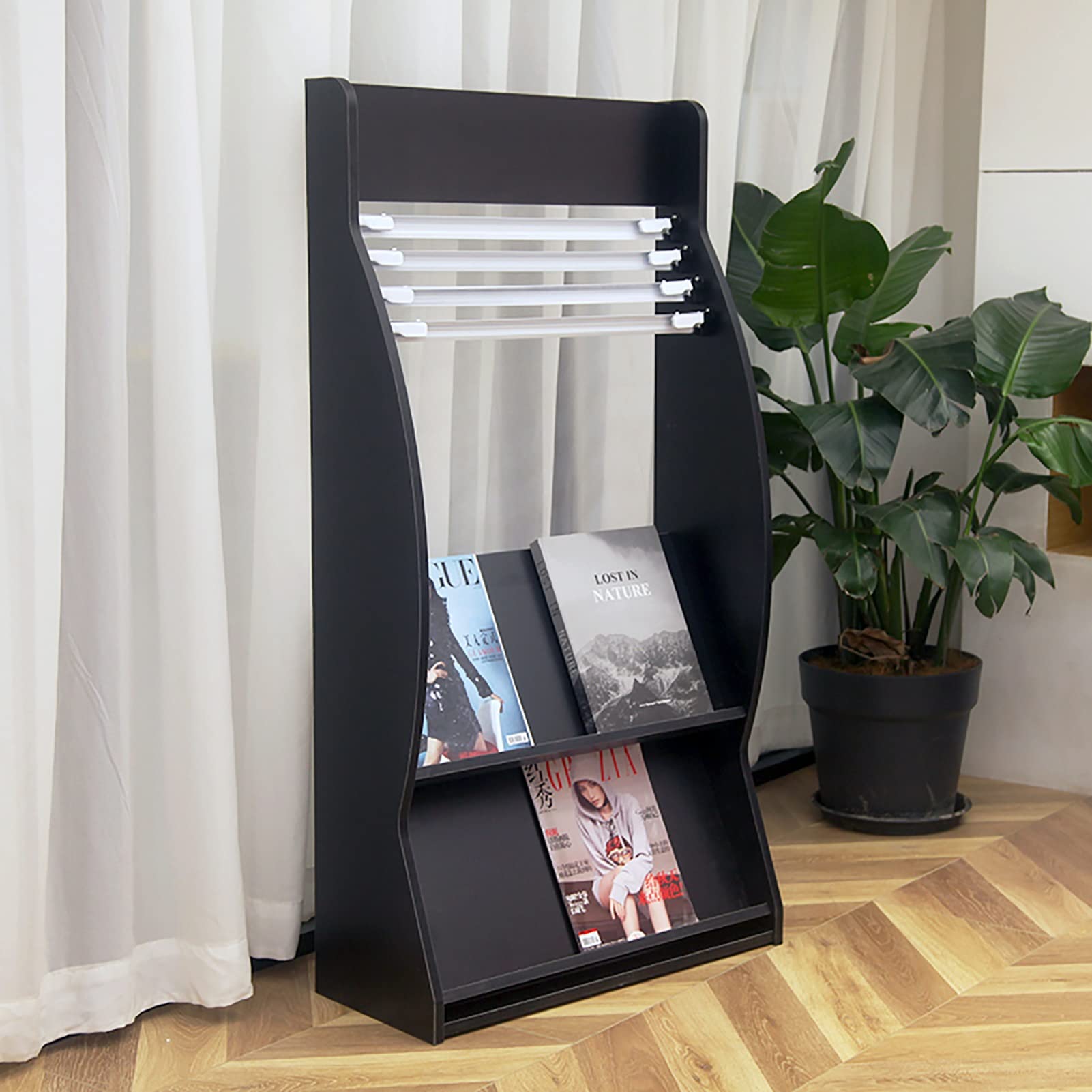 Porta riviste e brochure, Porta riviste per Ufficio e casa con 4 Barre e 2 Ripiani, Porta riviste per Libri Commerciali, Altezza 120 cm (Colore: Nero)