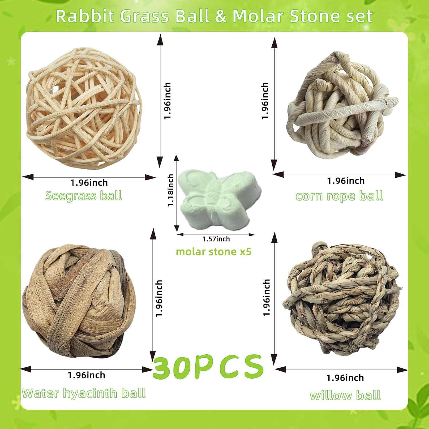 Hamiledyi 30PCS Rabbit Grass Balls 1.96in Guinea Pig Balls Small Animal Activity Enrichment Toy for Bunny Chinchilla Hamster Gerbil Grinding Playing