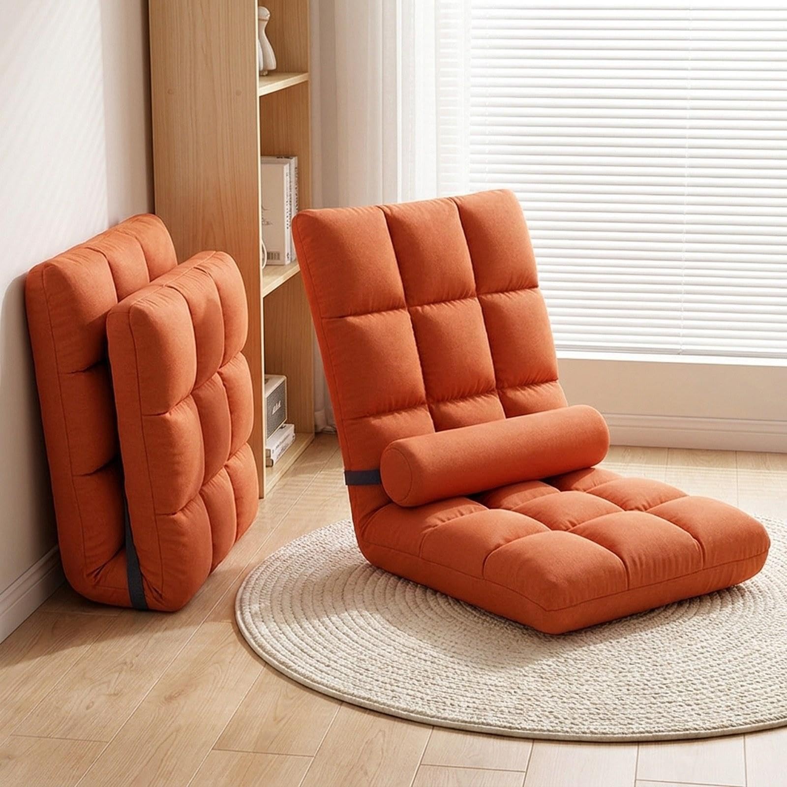 Silla Plegable de Suelo con Respaldo Reclinable, Silla Gaming, Sofá Ajustable, Asiento Suave, Hecha de Franela Y Esponja, Adecuada para, Naranja, Individual