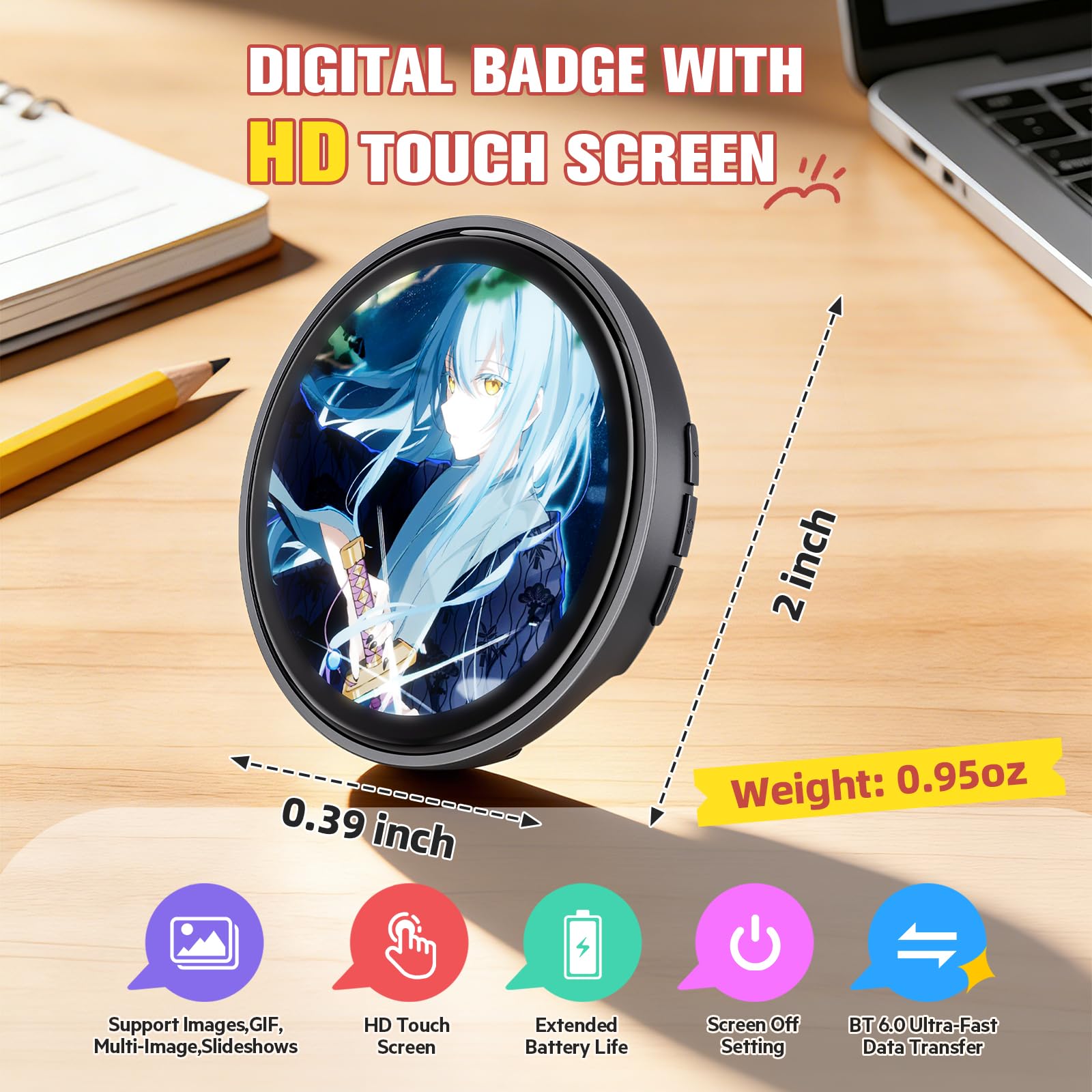 Digital Pin, Digital Badge with Touch Screen LED Display, Customizable Anime Style Wearable, Smart Button for FIFA World Cup Footbal Party, Cosplay, Fandoms（For <8MB MP4, Multi/Single Imgs, Marquee） - 3