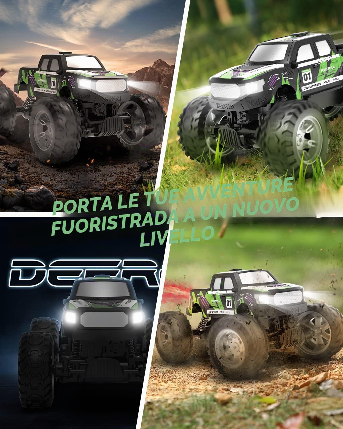 DEERC DE44 1:16 Scala telecomando Monster Truck con nebbia nebbia, Dual Motors Off Road RC auto, 4WD Rock Crawler con luci LED, 70+ Min Play, Veicolo giocattolo per ragazzi ragazze e adulti