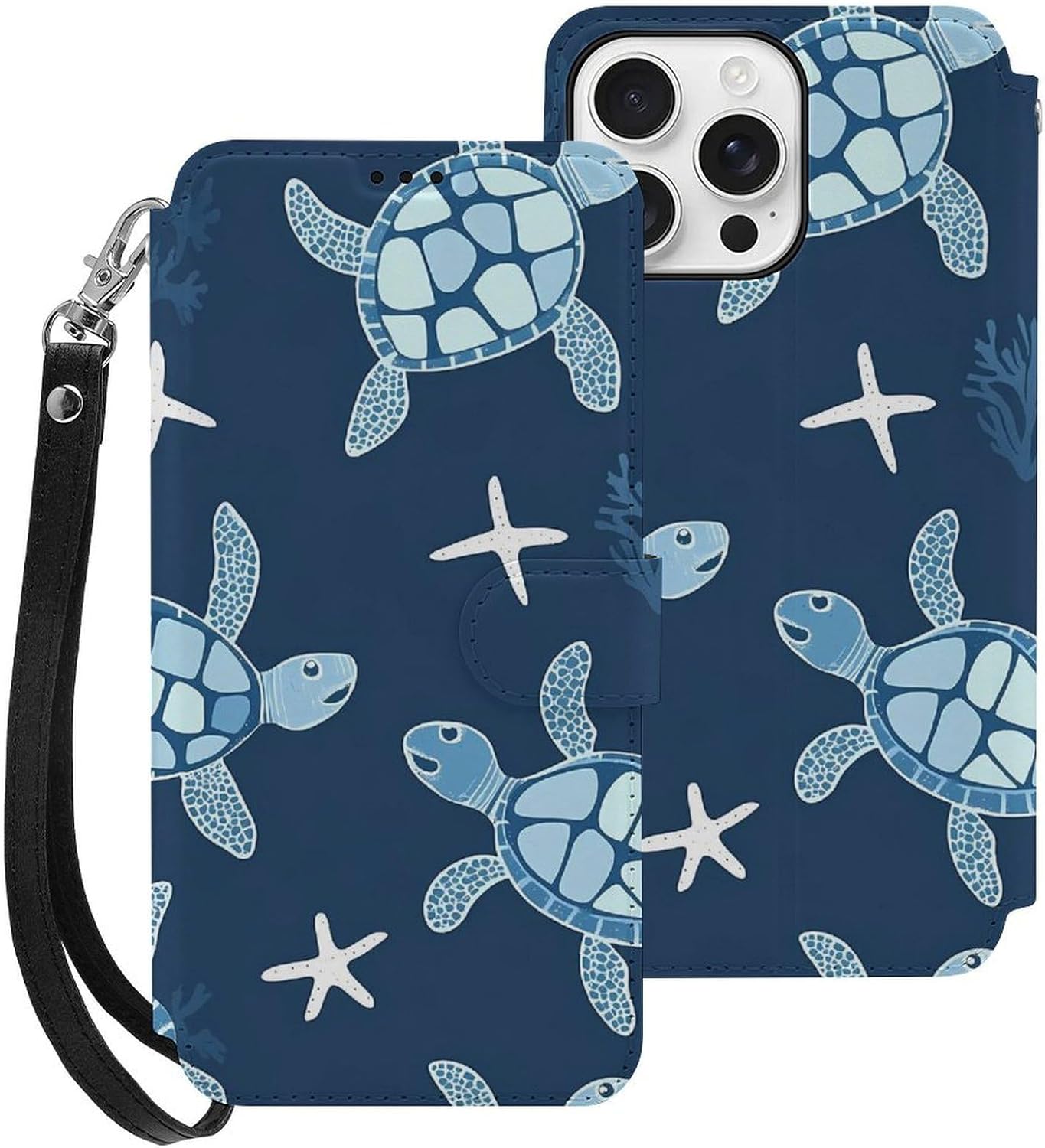 Turtles Coral Starfish Compatible with iPhone 16/16 Plus/16 Pro/16 Pro Max/16 E Case Phone Wallet Card Holder Flip Cover with Wrist Strap