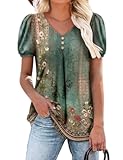 Women Tunic Tops Dressy Casual Summer Short Sleeve V Neck Shirts Floral Loose Fit Pleated Boho Top S-3XL