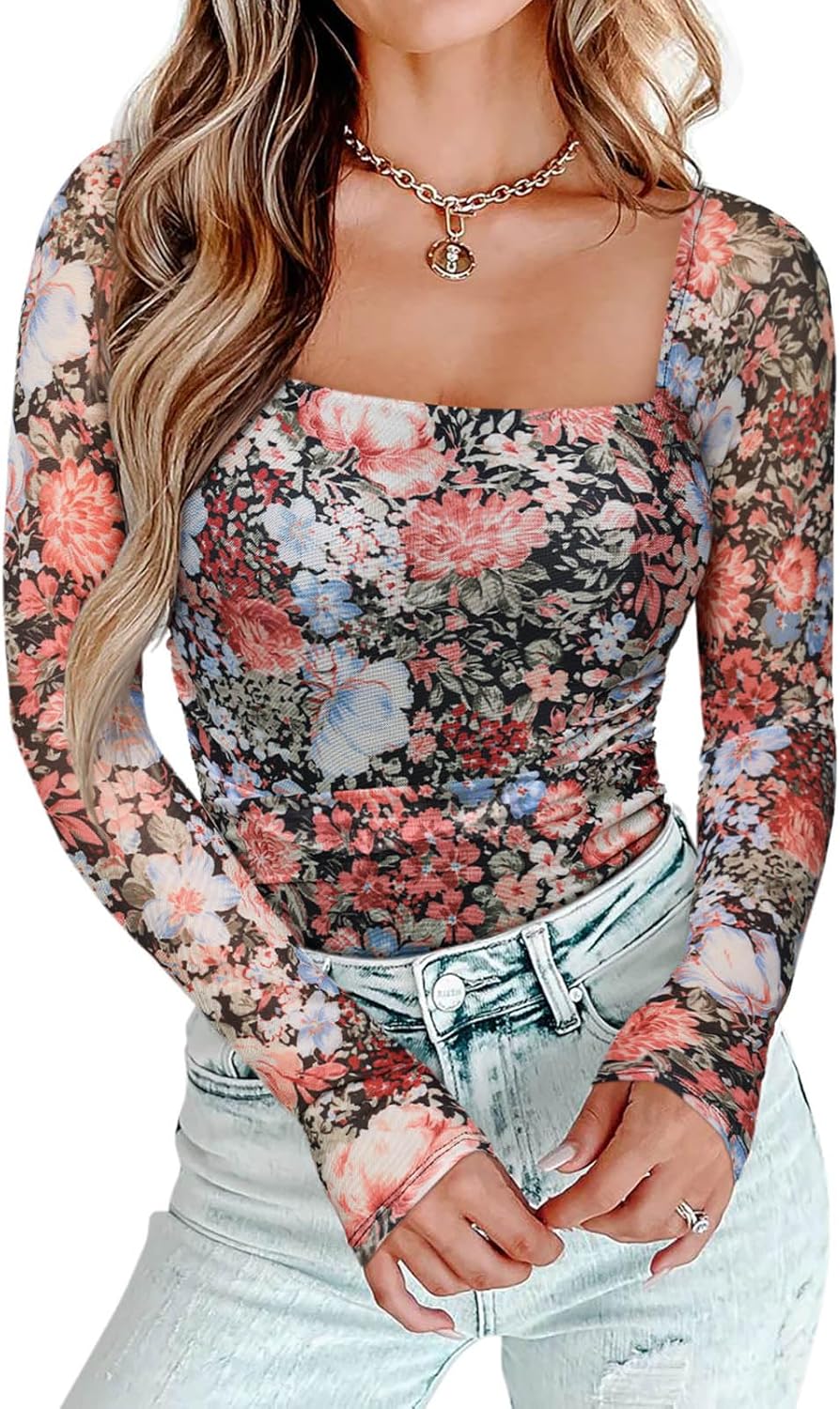 PINKMSTYLE Womens Square Neck Mesh Long Sleeve Bodysuit Shapewear Corset Tops Sexy Concert Outfits Party Shirts