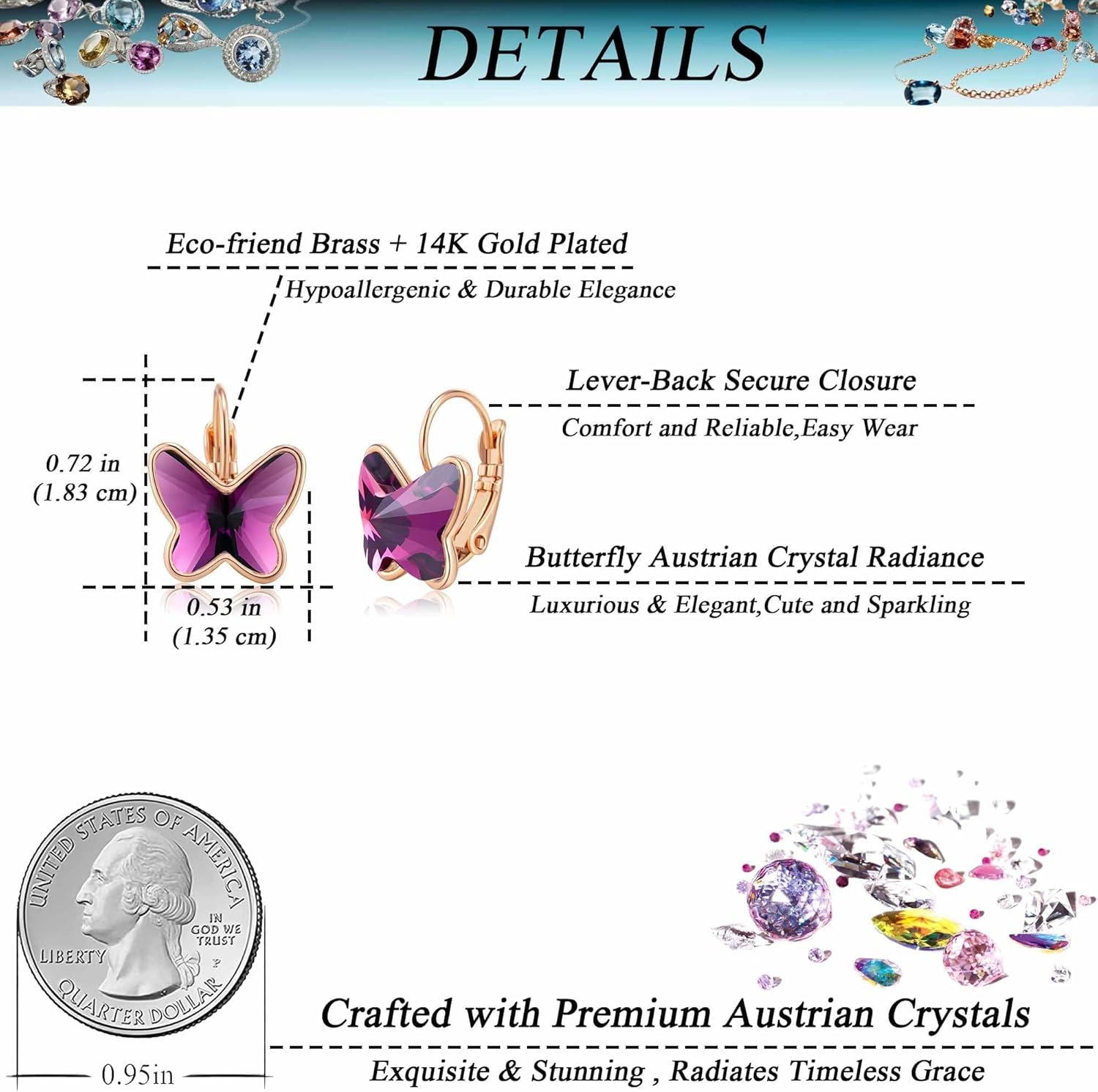 EVEVIC Austrian Crystal Butterfly Earrings Drop Leverback Earrings for Women 14K Rose Gold Plated Hypoallergenic Jewelry Gifts - Image 4