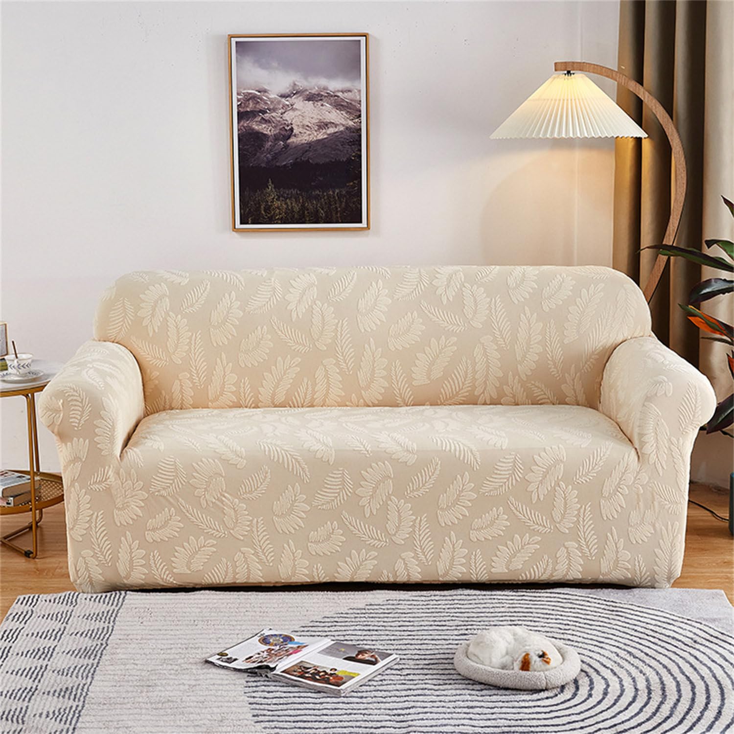 Housse de canapé 4 places extensible universelle couleur unie beige antidérapante