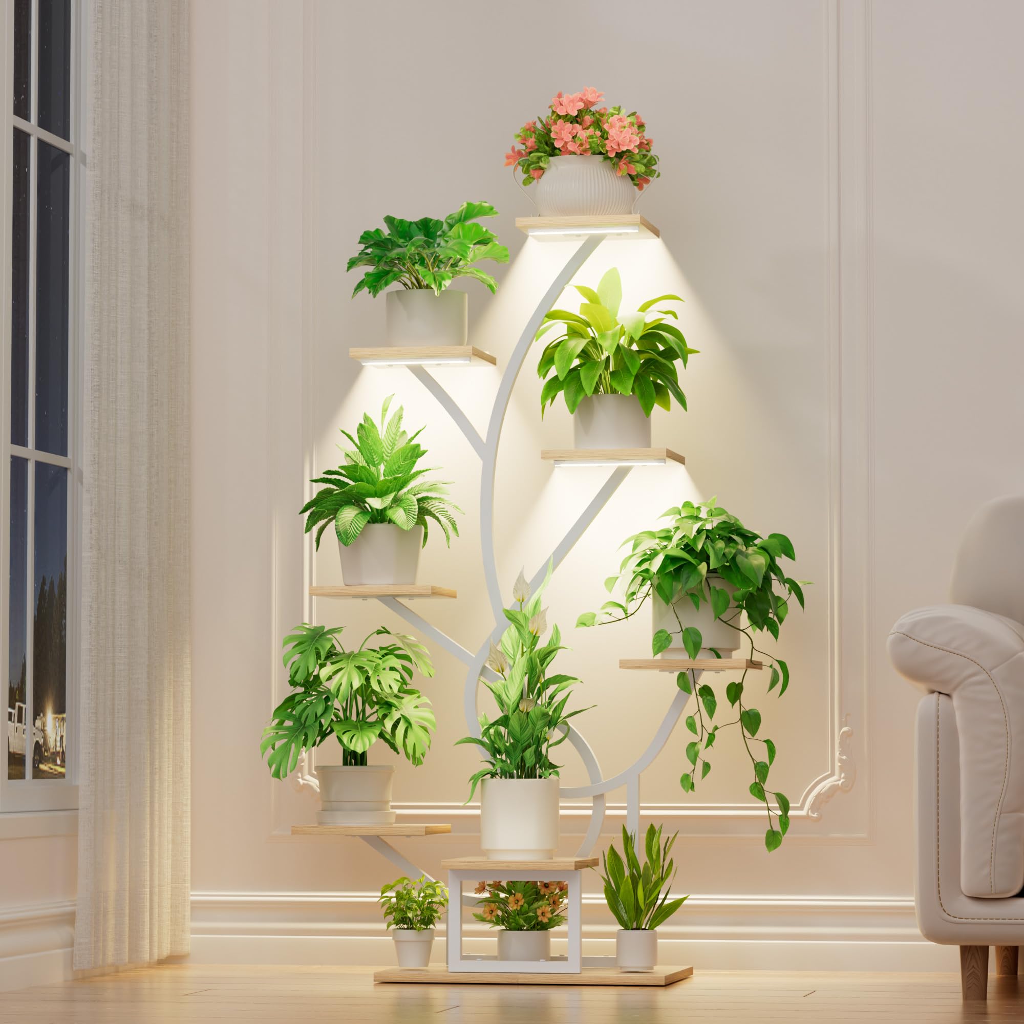 BACEKOLL Soporte para plantas con luz de crecimiento - 8 niveles, soporte para flores de 126 cm, metal y madera, estantería para plantas - para interior y exterior, escalera para flores - Blanco