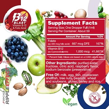 Bricker Labs B-12 Blast Liquid Vitamin B12 and Folic Acid Supplement, Support Energy Production, Great Tasting Liquid Vitamin B12 Dietary Supplement in Natural Raspberry Flavor, 2 fl oz Bottle