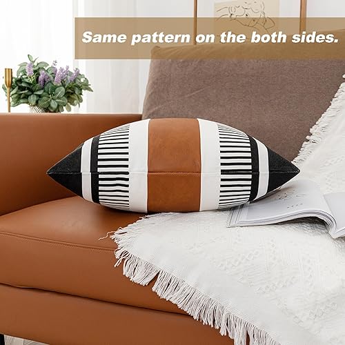 Miniatura 5 de Fundas de almohada de estilo rústico a rayas de 26 x 26 pulgadas, fundas de almohada decorativas de piel sintética en blanco y negro para sofá,