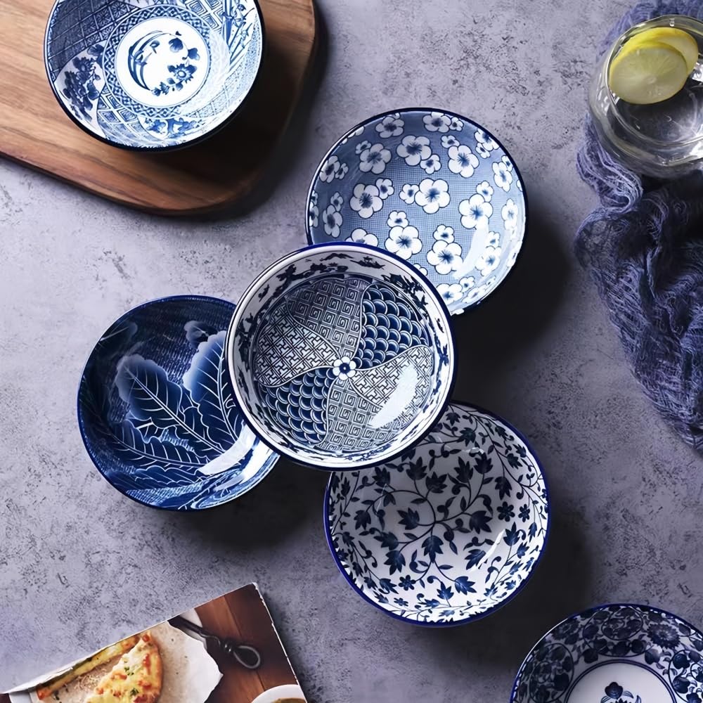 Zestaw misek ceramicznych, 6-częściowy 13 cm, niebiesko-białe miski do ryżu i zupy, zastawa stołowa w stylu azjatyckim