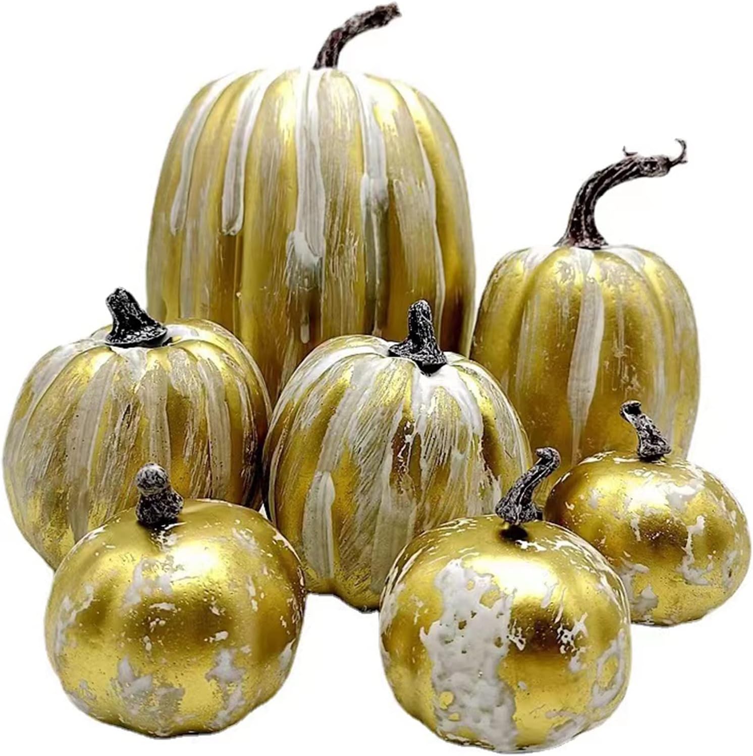 HBell7Pcs Artificial Pumpkins Decoration Sets,Gold Brush White Foam Pumpkins Large Golden Harvest Faux Pumpkin for Autumn Thanksgiving Halloween Fall Home Decor