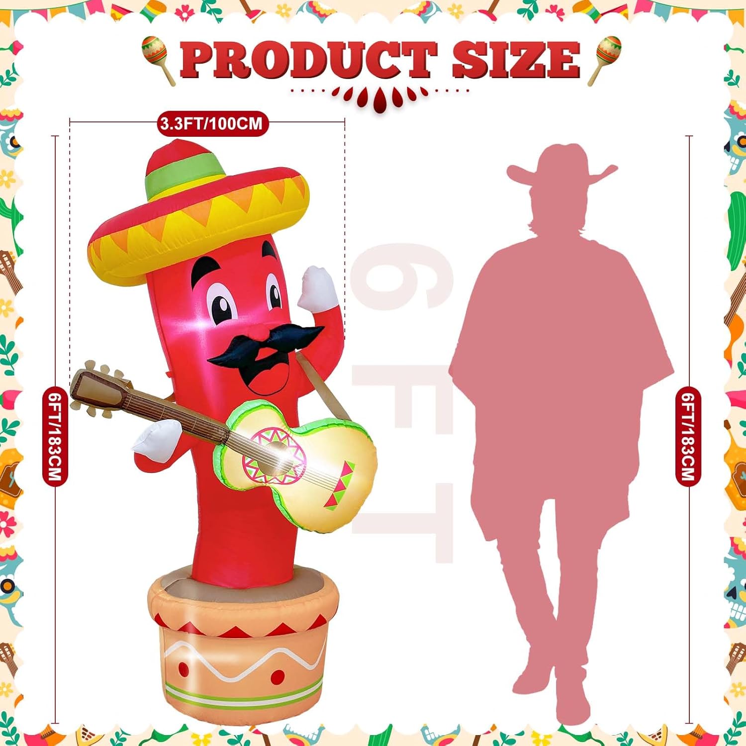 AerWo 6FT Cinco De Mayo Inflatables Chili Mexican Party Decorations, Blow Up May 5 Taco Sombreros Guitar Mexicano Fiesta Party Decorations with Built-in LEDs for Outdoor Garden Lawn Yard