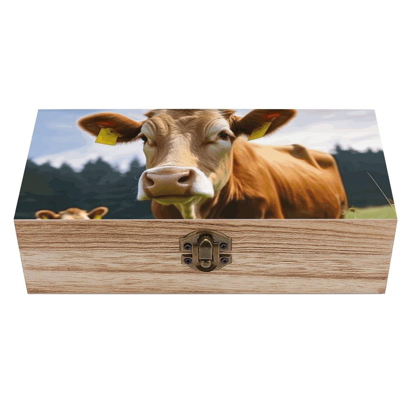 asbwuo Animal Brown Cow Wooden Keepsake Box Storage Boxes with Hinged Lid