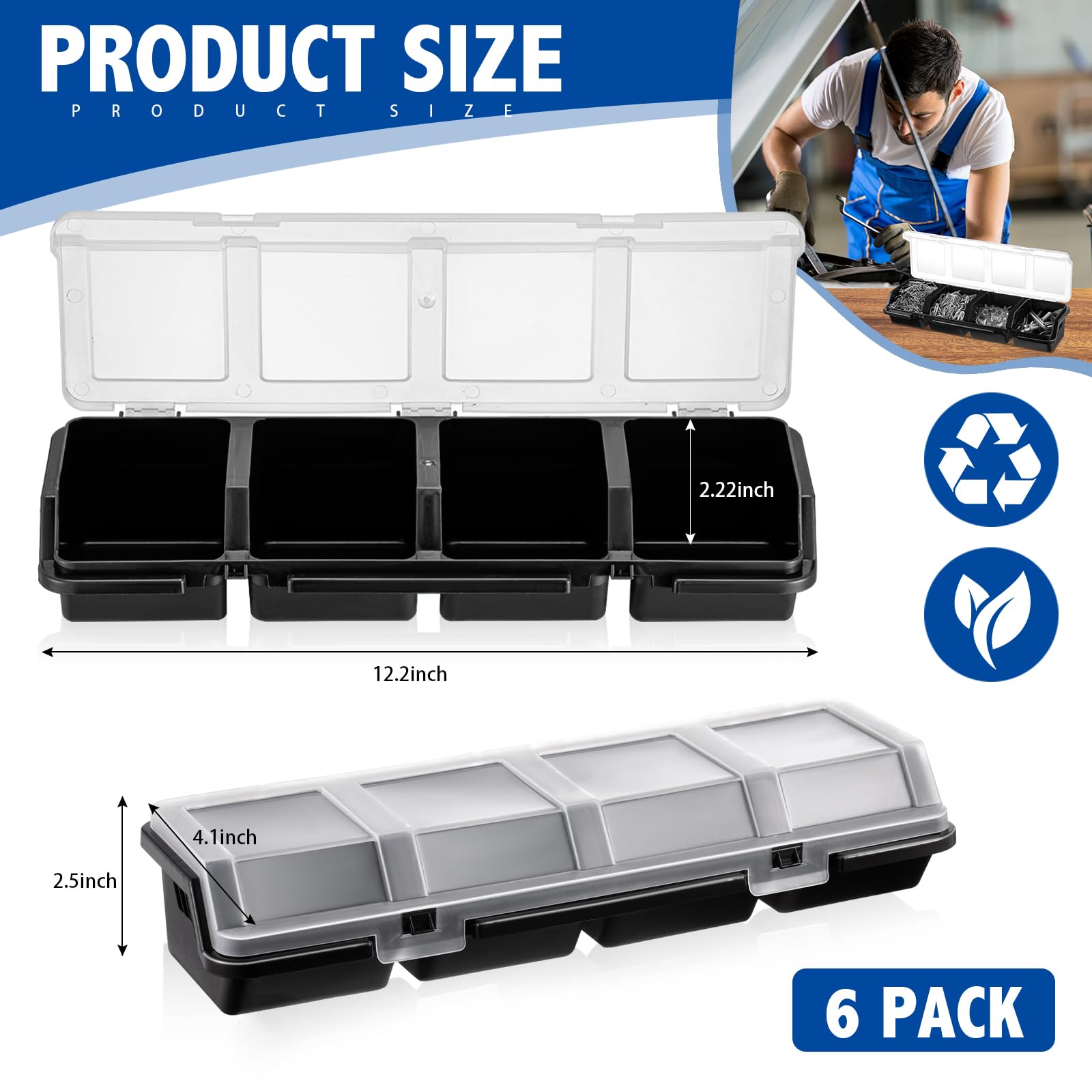 Hushee Confezione da 6 scatole organizer per viti con coperchio, 4 scomparti, divisore per piccoli oggetti, organizer per riporre oggetti, per garage, artigianato, hardware, banco da lavoro (nero)
