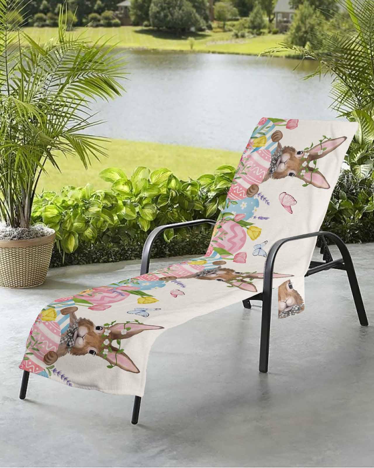 Easter Bunny Beach Chair Towel Covers for Chaise Lounge with Side Pocket, Soft Plush Pool Towels Cover for Patio Sunbathing Outdoor 29''x85'' Spring Colorful Easter Eggs Flowers Burlap