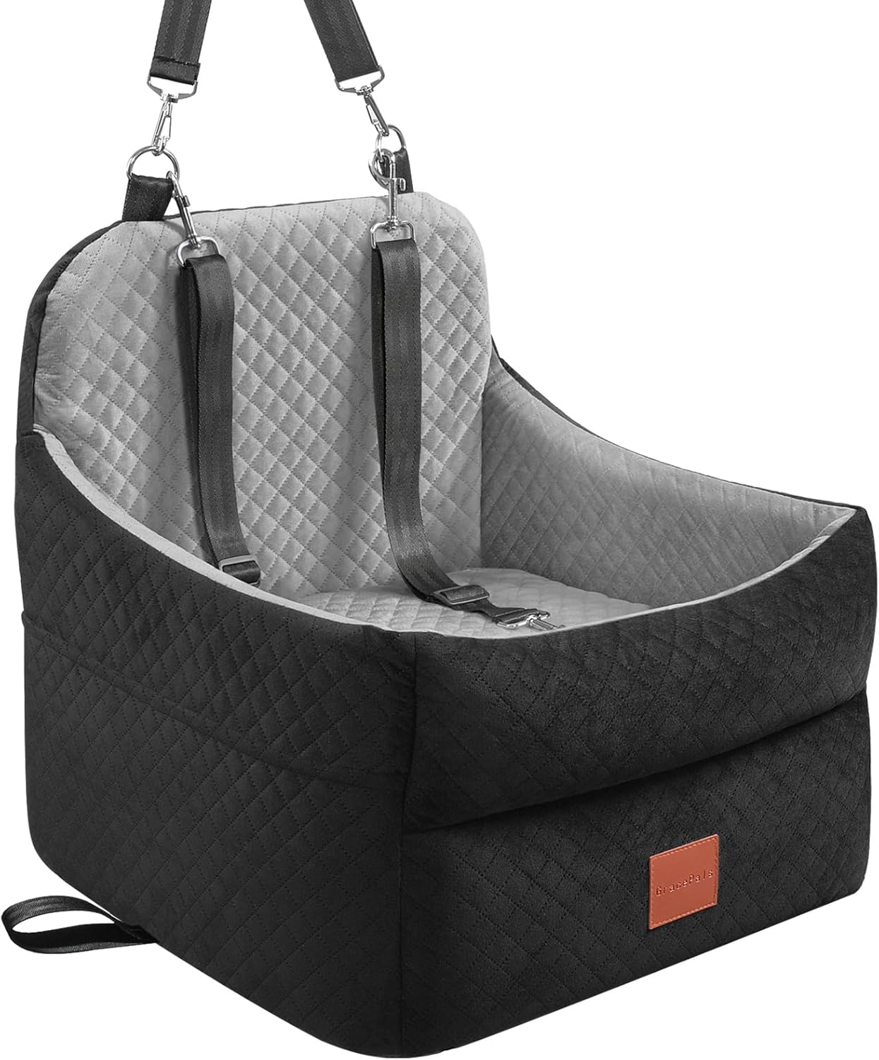 Dog Car Seat for Small/Medium Dogs Under 35lbs, Memory Foam Dog Booster Seats with Washable Removable Cover, Travel Portable Pet Car Seat with 2 Safety Belts and Storage Pockets (Black/Grey, Medium)