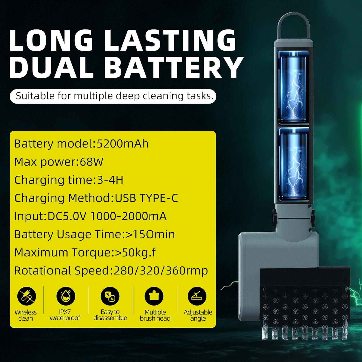 Rechargeable Rotary Electric Grill Brush - 2-in-1 Cleaning & Polishing Heads, Vertically Adjustable Angle, 150-Min Runtime, 304 Stainless Steel Bristles, Universal Fit for Most Grills