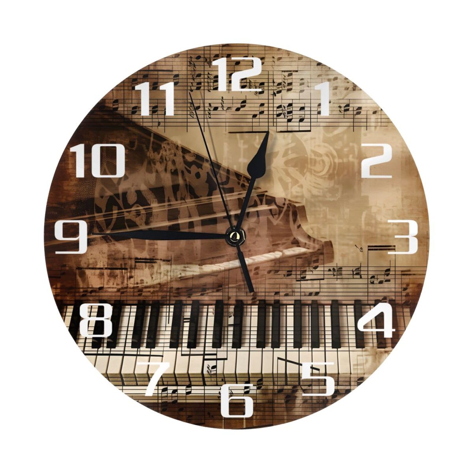 Horloge murale vintage clé de piano 25,4 cm silencieuse pour chambre et cuisine