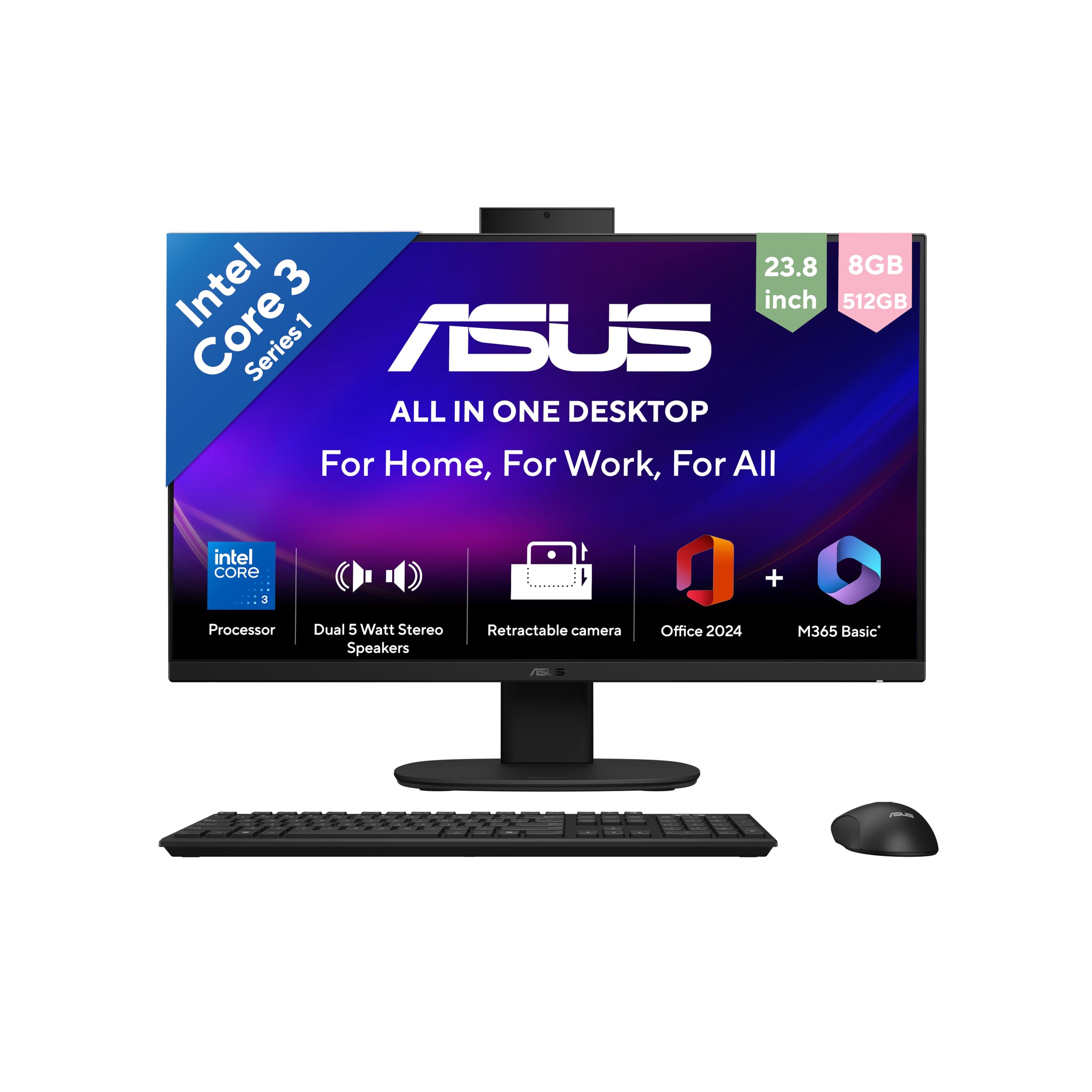 ASUS V440 (2026),i3-14th Gen,Intel Core 3 100U,Intel iGPU,8GB/256GB,FHD,23.8"(60.45 cm),Win 11,M365 Basic(1Y),Office 24,Black,5.46 kg,V440VAB-KBC3005WS,with Wireless Keyboard & Mouse,All in One PC