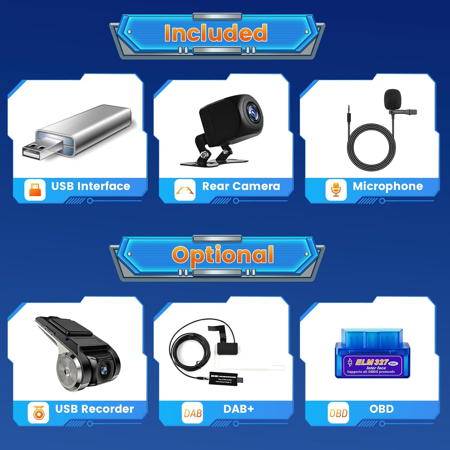 Image showing included components: USB Interface, Rear Camera, Microphone, and optional accessories like USB Recorder, DAB/DAB+, OBD.