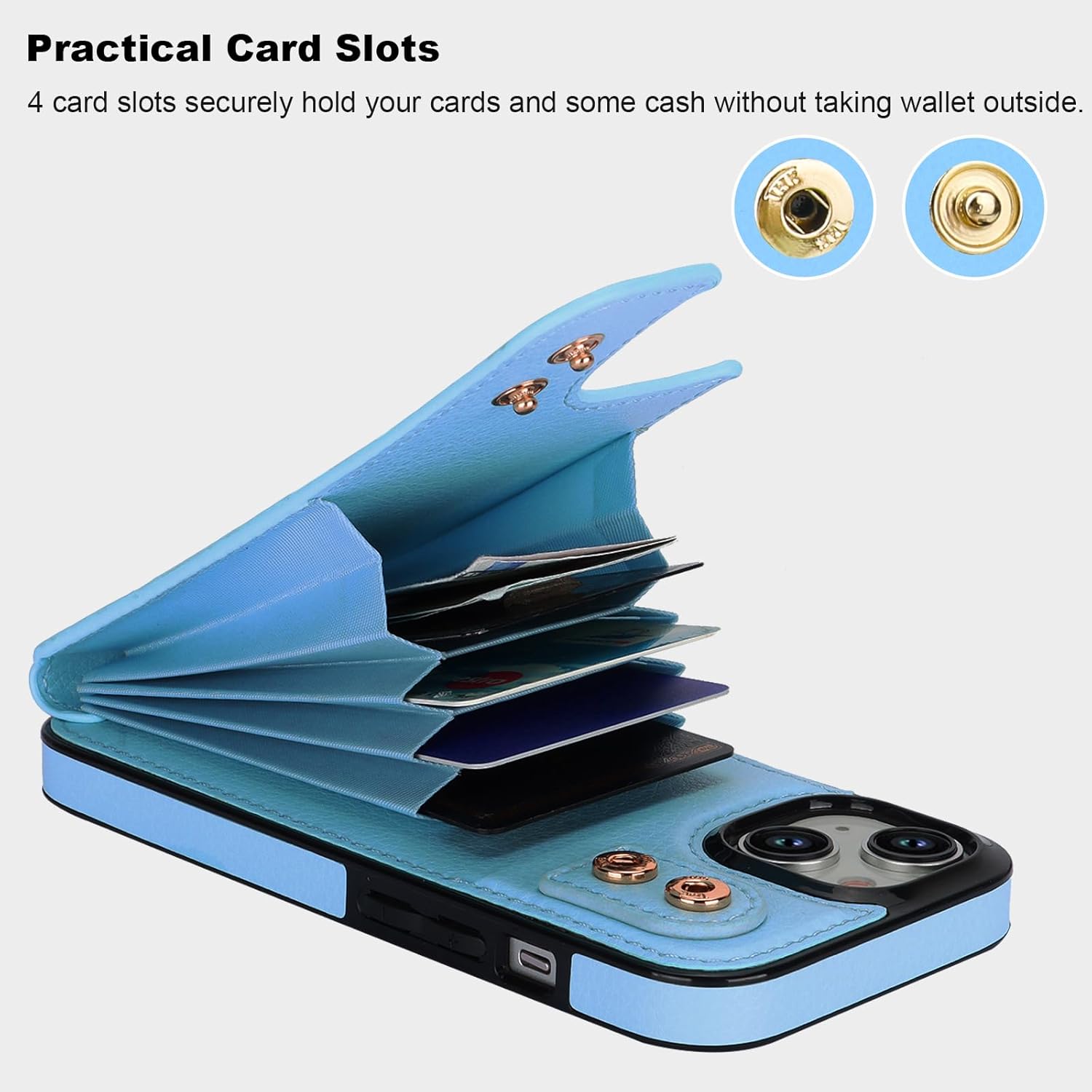 Folosu Compatible with iPhone 15 Case Wallet with Card Holder, 360°Rotation Finger Ring Holder Kickstand, RFID Blocking Leather Protective Double Buttons Shockproof Cover 6.1 Inch Blue
