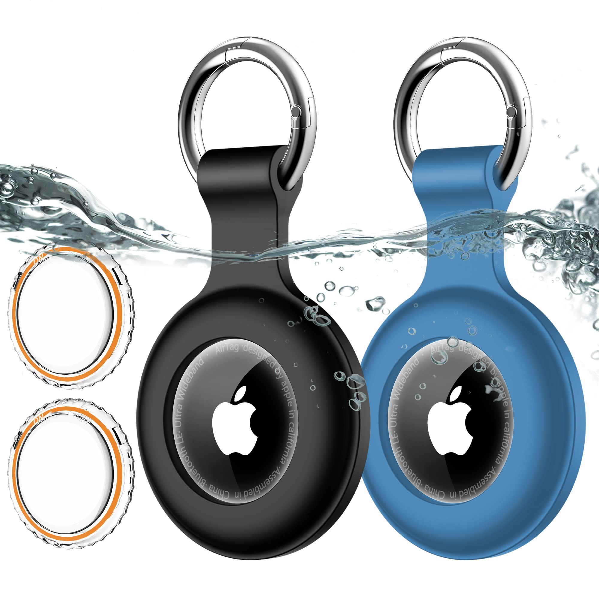2 Pack,IPX8 Waterproof Airtag Holder[PC+Silicone]with Air Tag Keychain for Apple Air Tags,Full Body Shockproof[Anti-Scratch]Air-tags GPS Item Finders Case for Pets,Bags,Kids,Keys, Luggage-Black+Blue