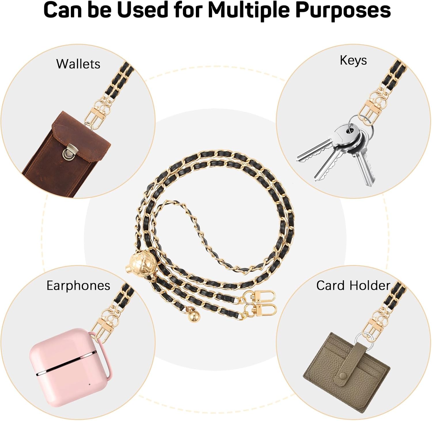 MoKo Phone Lanyard Crossbody, Universal Phone Chain for iPhone, Samsung, Most Smartphones, Neck Strap × 1, Beaded Wrist Strap x 1, Patches × 2, Black
