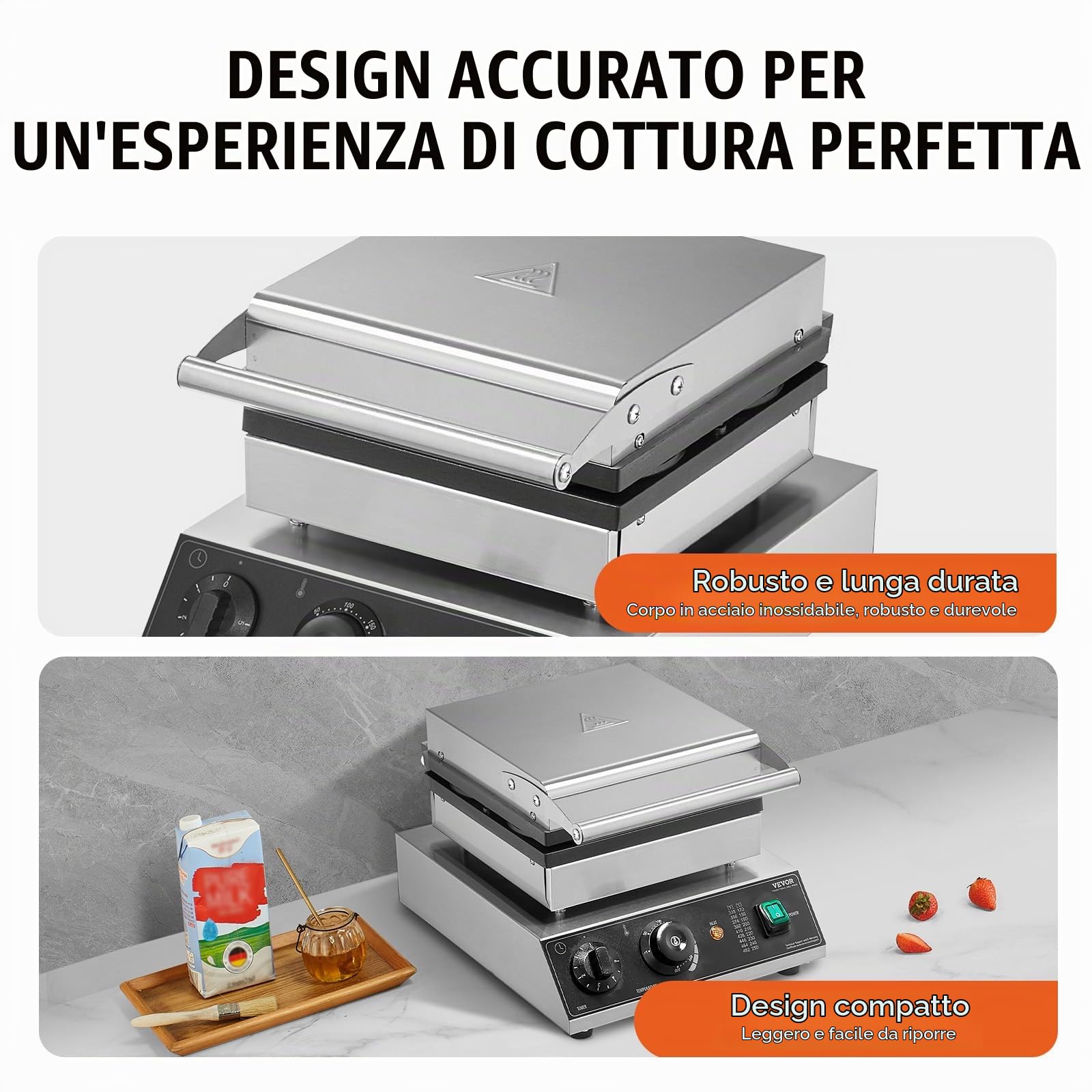 VEVOR Macchina per Waffle Belga Rotonda Commerciale, 4 Pezzi per Waffle, Piastra per Waffle in Acciaio Inox Antiaderente 1750 W con Controllo Temperatura Tempo, per Ristoranti Panetterie Snack Bar