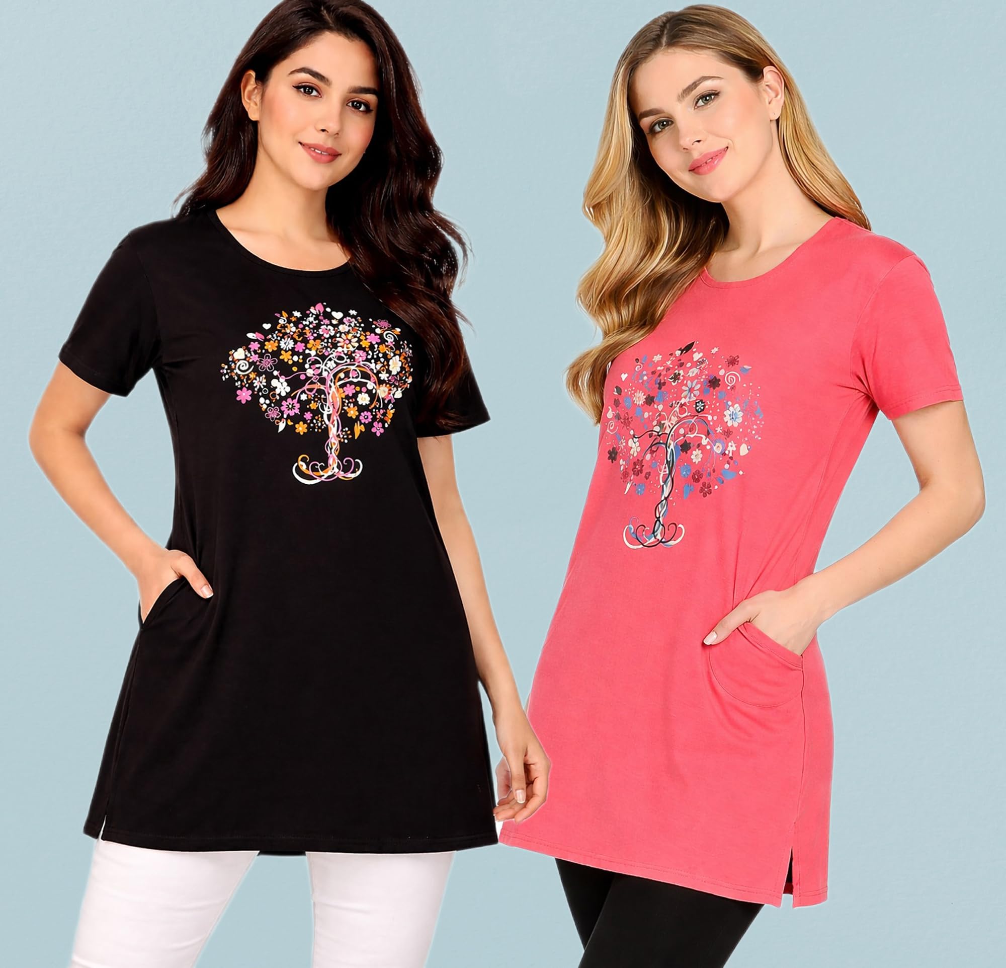 Women Cotton Graphic Printed Long Pocket T-Shirt Combo Set-image-14