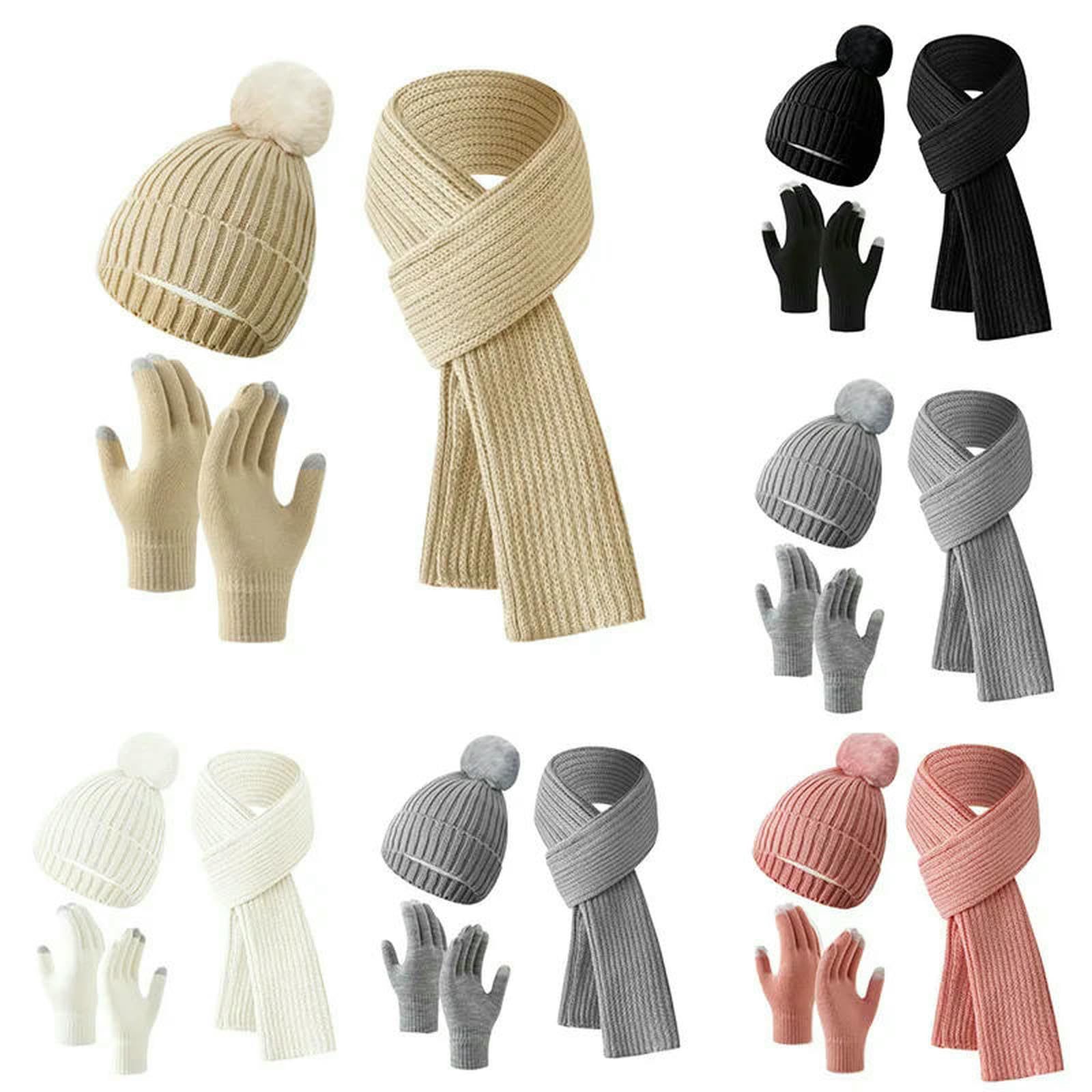 Mütze,Schal & Handschuh-Sets Dreiteiliges Set Aus Einfarbiger Strickmütze, Schal Und Handschuhen Für Damen Herren, Warm Den Winter, Wollanzug-x