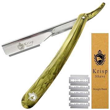 Professional Straight Razors For Men 2mm Exposed Blade Straight Edge Barber Razor Kit For Close Shaving - Beard Navajas Para Barbero Shavette 10 Shaving Blades By Krisp Beauty Yellow Marble Design