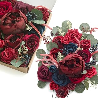 Ling's Moment Burgundy Flowers Artificial, Navy Blue Fake Flowers, Red Flowers and Greenery Combo for DIY Wedding Bridal Bouquet, Centerpieces, Home Decor, Floral Arrangement Decor, etc.