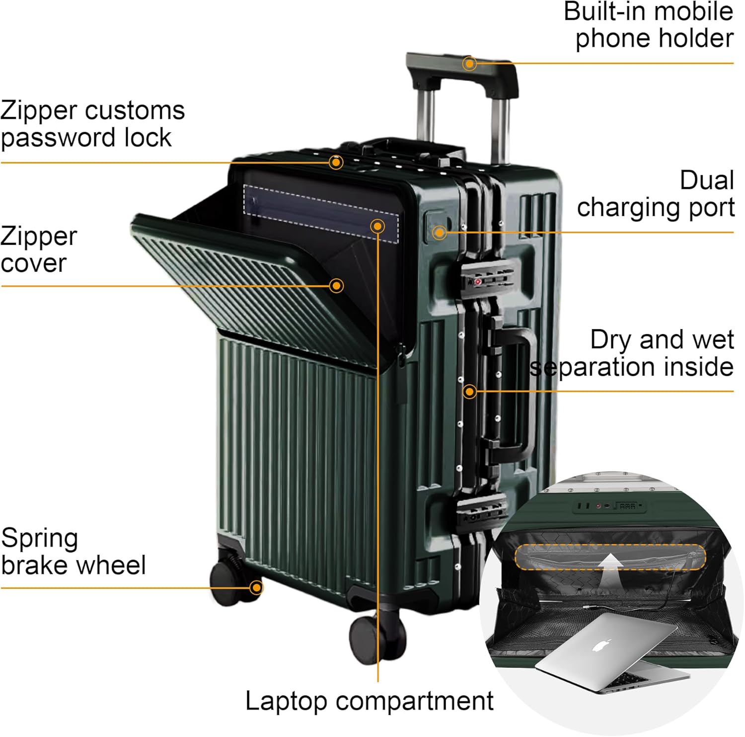 2-Piece Hardshell Zipperless Luggage Set, 20/26" Aluminum Frame Hardshell Spinner Luggage, Airline Approved Carry-On Luggage, TSA Lock, 360° Quiet Wheels With Cup Holder (green)