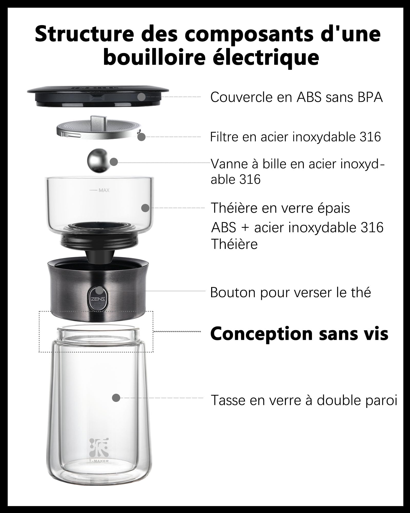 ZENS theiere con infusor, mágico de un solo toque tetera de cristal para té de hojas sueltas sin daños, theiere con taza térmica y bolsa de té portátil, para regalo