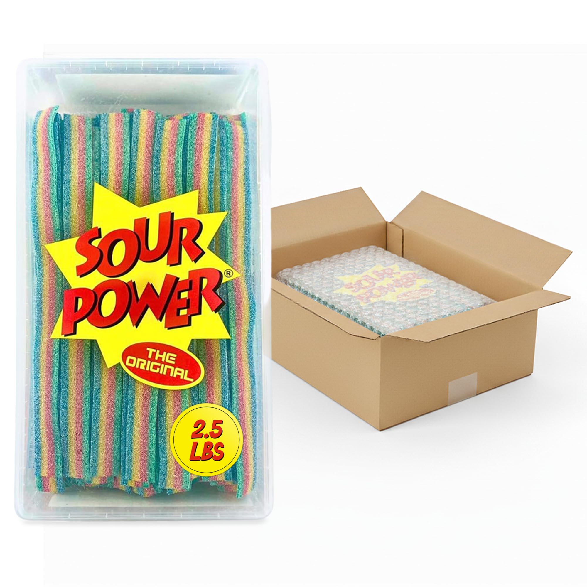 Sour Power Premium Quattro Candy Belts – The Original Sour Candy Since 1985 – 2.5 lb Resealable Bulk Tub – Vegan, Non-GMO, Gelatin Free – Soft, Chewy, Peelable, Sweet & Tart Retro Treats