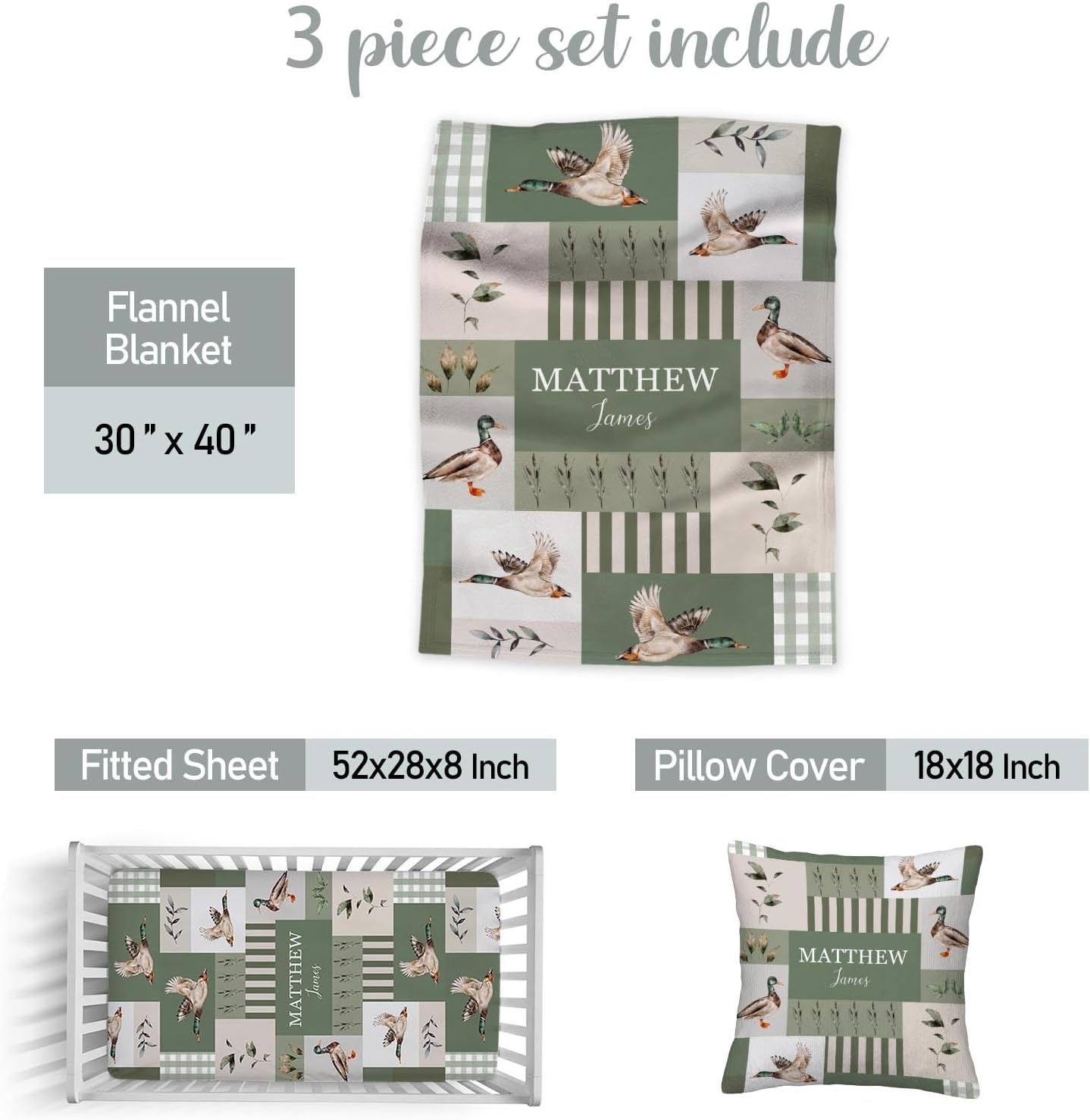 Personalized Mallard Baby Crib Bedding Set – Custom Name 3 Piece Nursery Set for Baby Girls and Boys, Soft Blanket, Fitted Crib Sheet & Pillowcase – Customized Infant & Toddler Nursery Gift