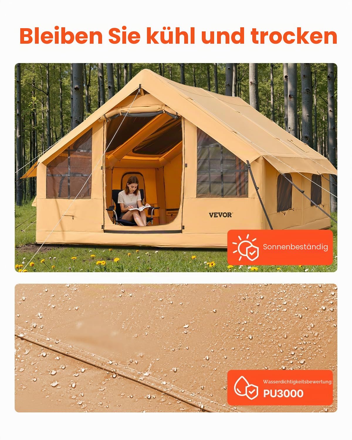 VEVOR Aufblasbare Zelte für Camping, einfach aufzubauen, aufblasbare Campingzelte mit Handpumpe, 300D Oxford 4-Jahreszeiten-Glamping-Zelt mit Herdwagenheber, Aufbewahrungstasche für einfaches