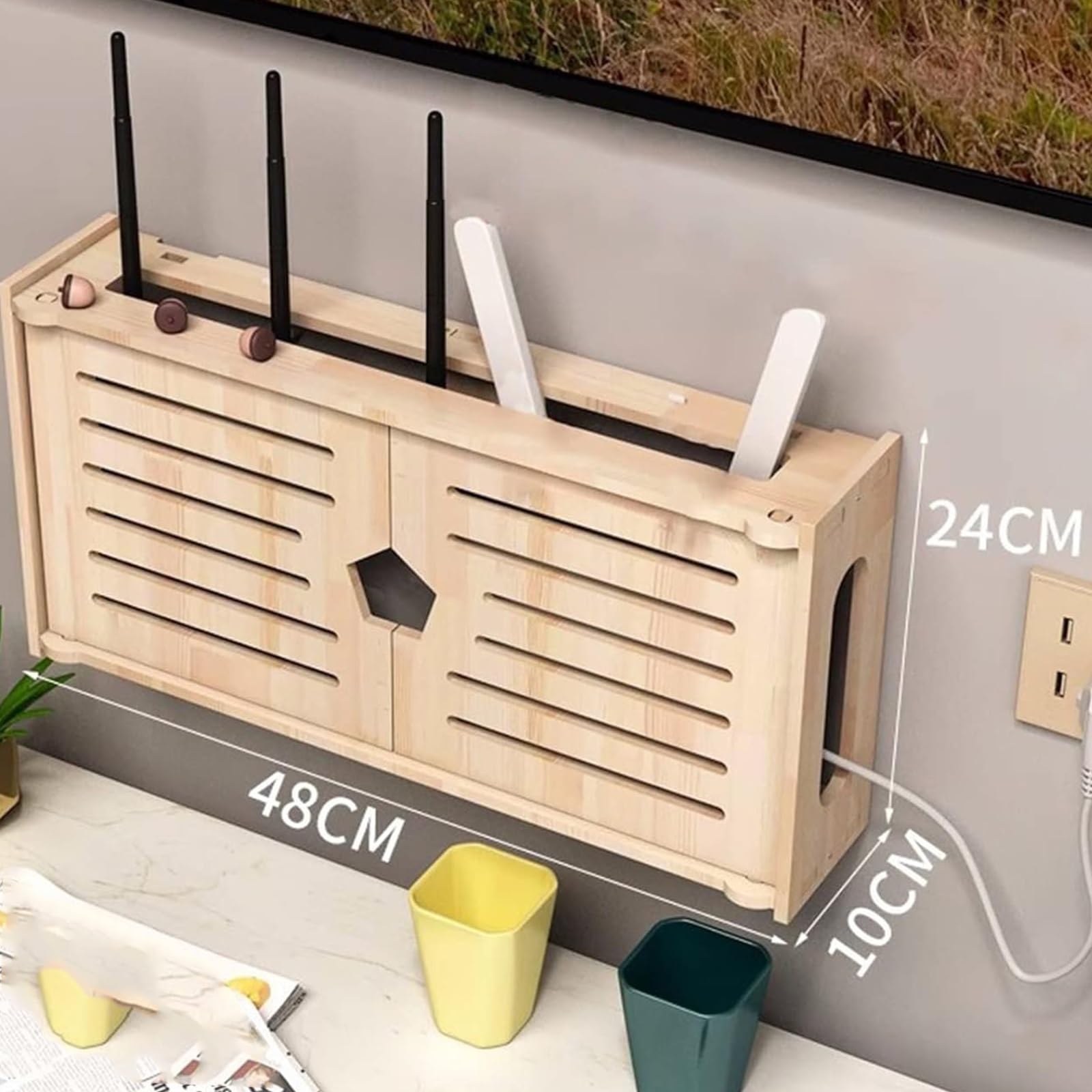 Massivholz Router Schrank,Wall Mounted WiFi Storage Box-Router Verstecken, Aufbewahrungsbox-Kabelbox,TV Set Top Box Organisator-Holz Dekoratives Regal(48 * 24 * 10cm)
