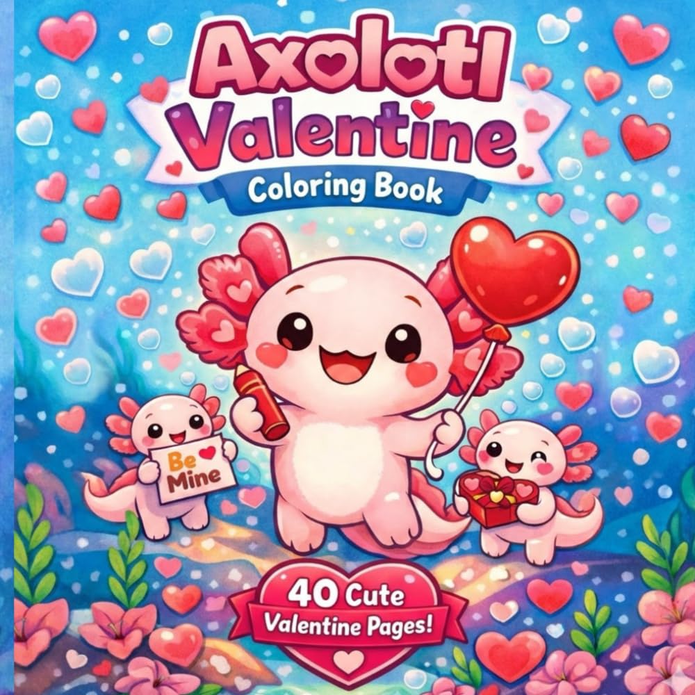 Axolotl Valentine: 40 Cute Bold And Easy Coloring Book For Kids And Adults, Relaxation and Stress Relief Valentine pages