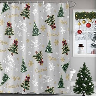 Merry Christmas Shower Curtain Christmas Trees Xmas Winter Snowflakes Stars Gray Shower Curtains for Bathroom Washable Waterproof Fabric Curtain Sets with 12 Hooks 60x72