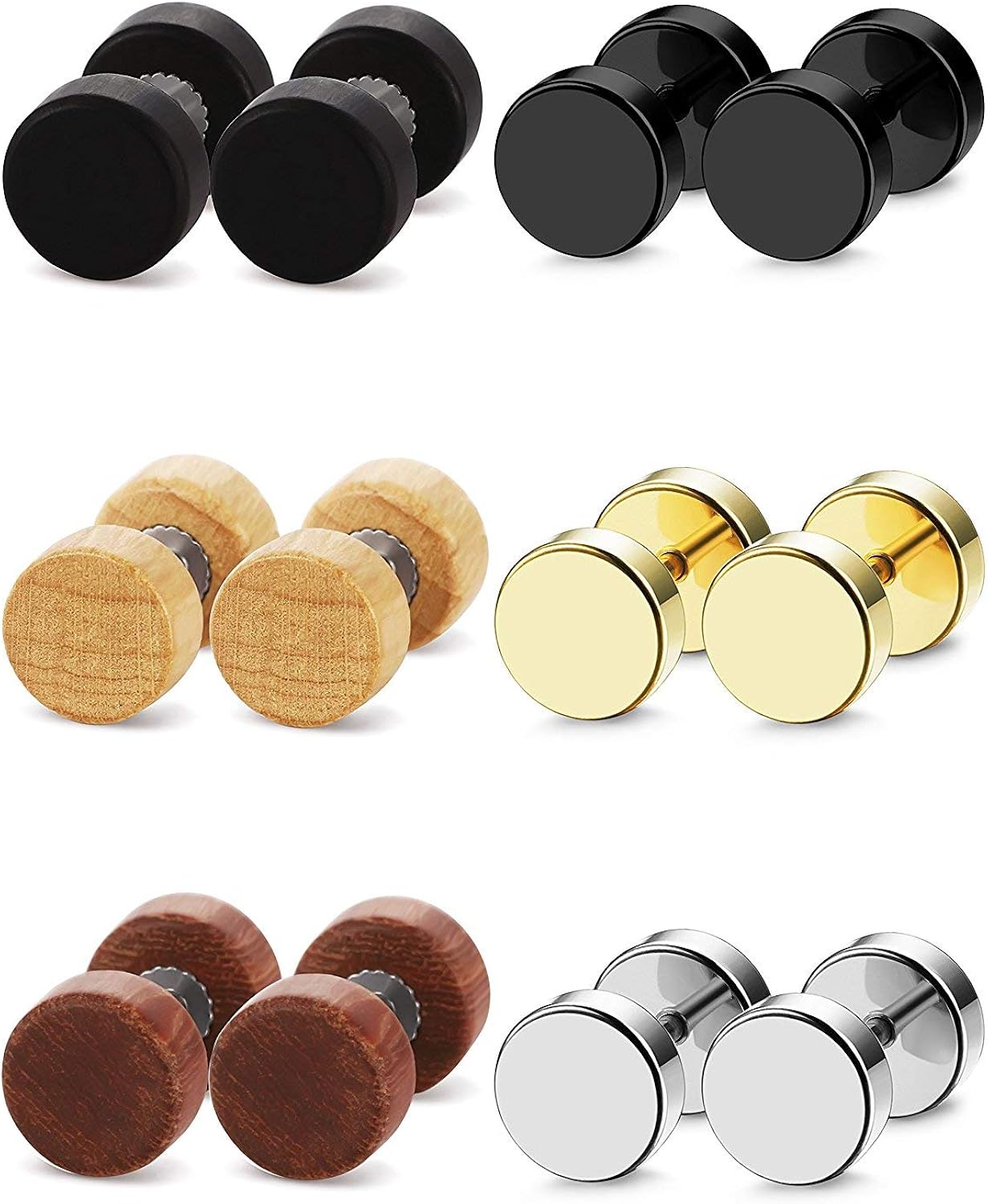 sailimue 6 Pares Pendientes de Madera de Acero Inoxidable Para Hombres Mujeres Pendientes Piercing de Barbell 6MM 8MM