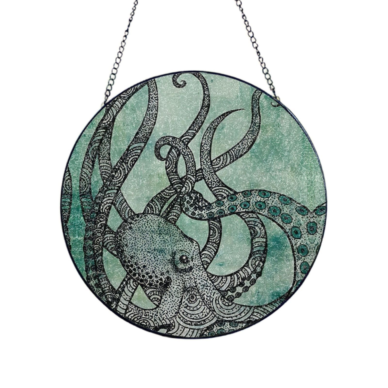 Phayah Green Octopus Print Stained Glass Window Hanging Suncatcher For Door Terrace Garden Home Decor Sun Catcher Birthday Gifts For Lovers Dad Mom 12in（30cm）