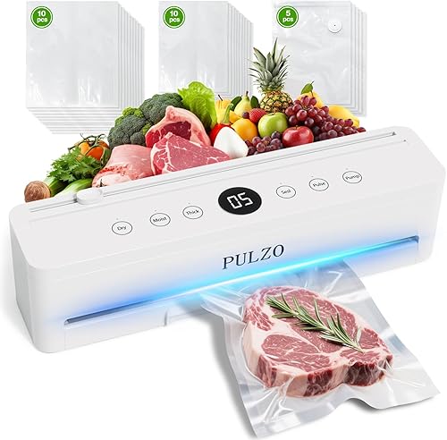 PULZO PressFree - Máquina selladora al vacío True Auto, sellador de alimentos 10 en 1 totalmente automático de 85 KPa con cuenta regresiva digital,