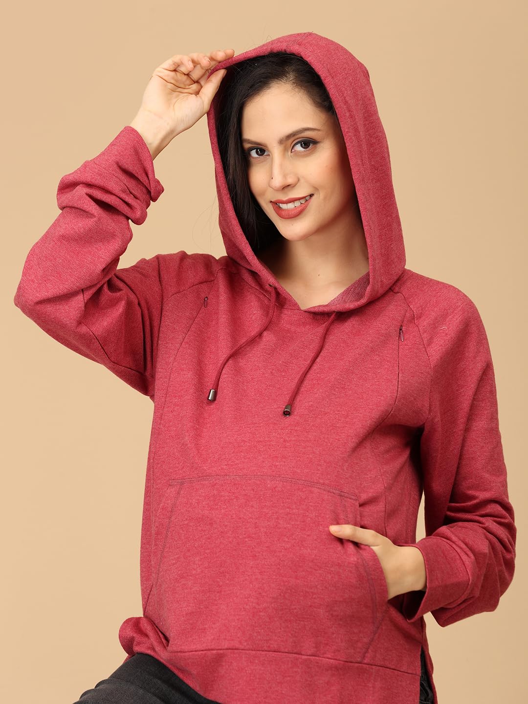 The Mom Store Maternity and Nursing Winter Hooded Sweatshirt | Breastfeeding Pre and Post Pregnancy Sweatshirt | Trendy Hoodies for New Mom | Dusty Snug, Crimson | M 3