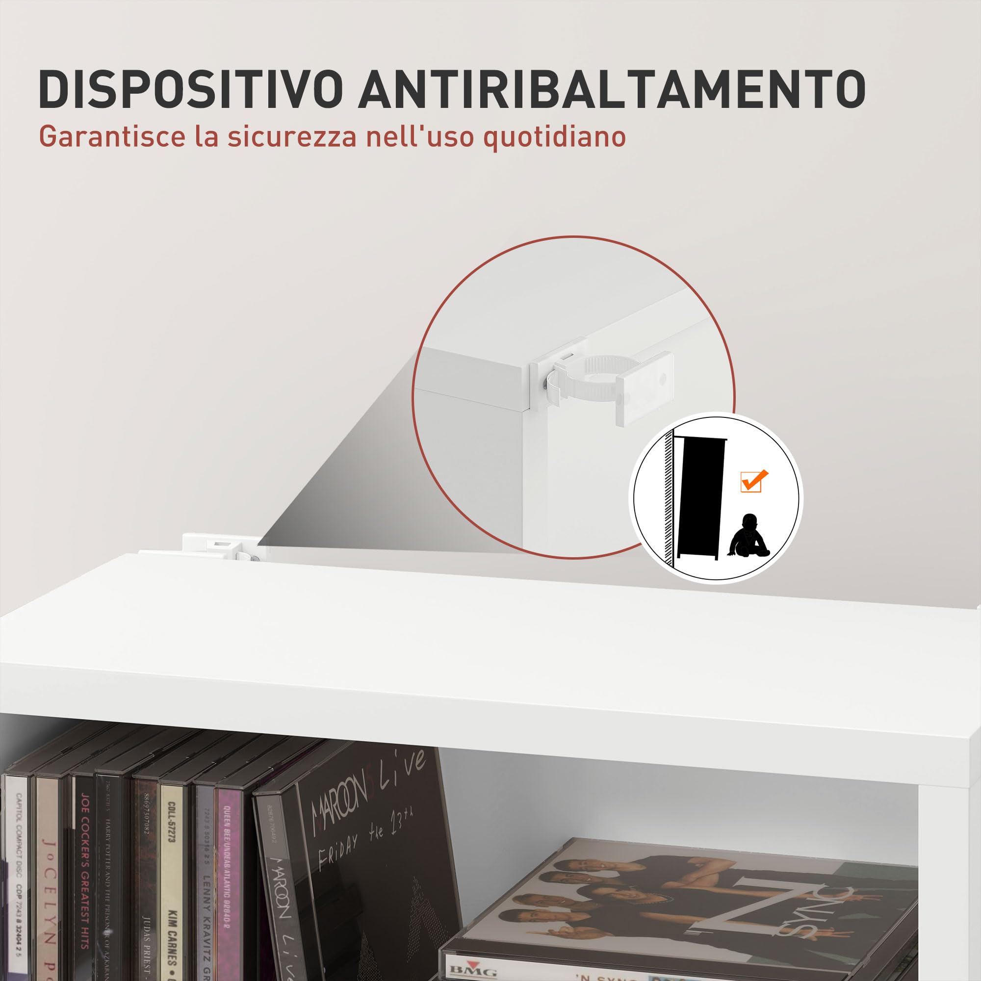 HOMCOM Mobile Porta CD con 6 Ripiani Regolabili, Scaffale Porta 260CD/120DVD Salvaspazio in Legno, Mobile Portacd con 9 Scomparti, per Soggiorno, Camera da Letto, Ufficio, 33x24x140 cm, Bianco
