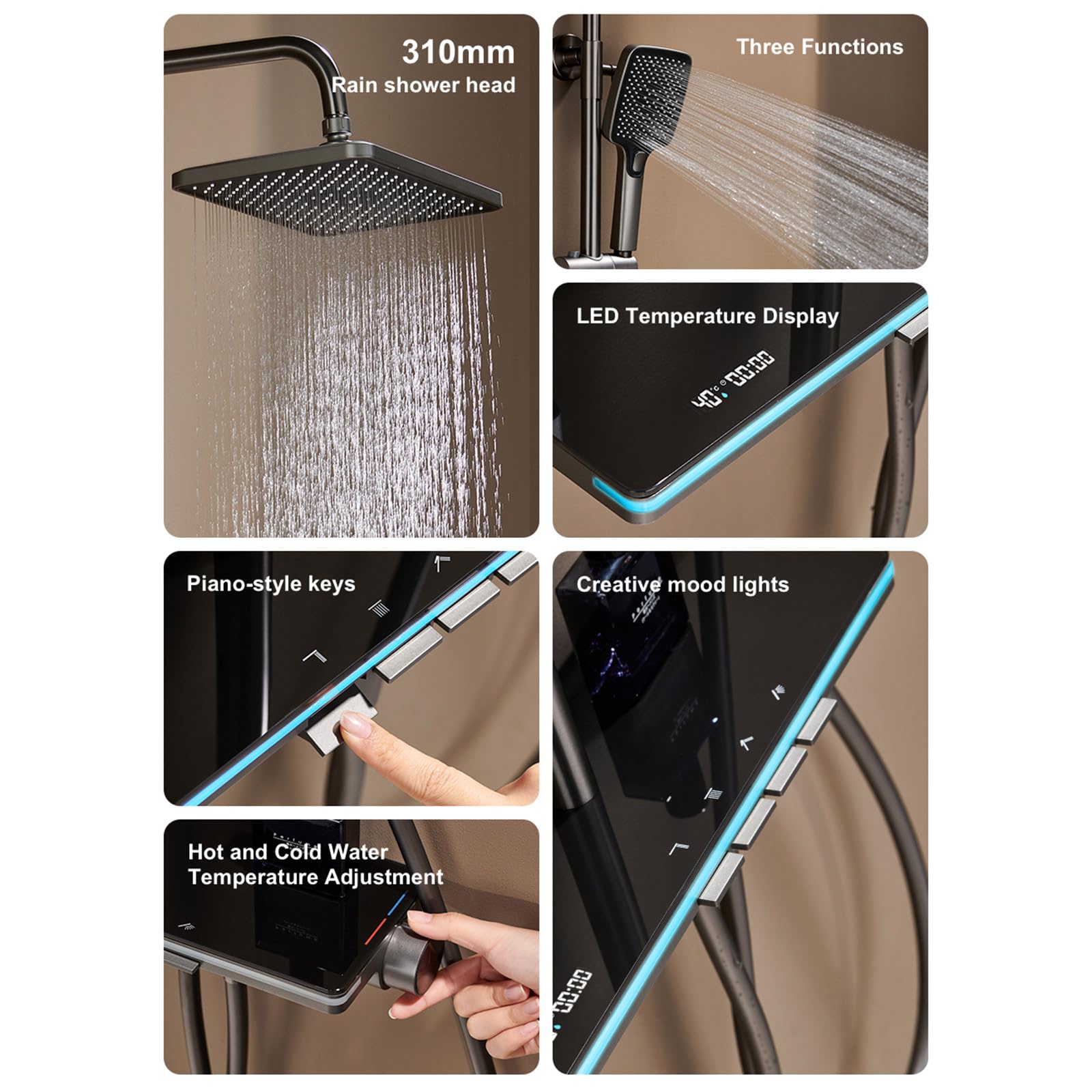 Set Doccia termostatico Grigio con Rubinetto a Parete con soffione a Pioggia ad Alta Pressione da 12", beccuccio per Vasca, doccetta Bidet, doccetta a 3 modalità