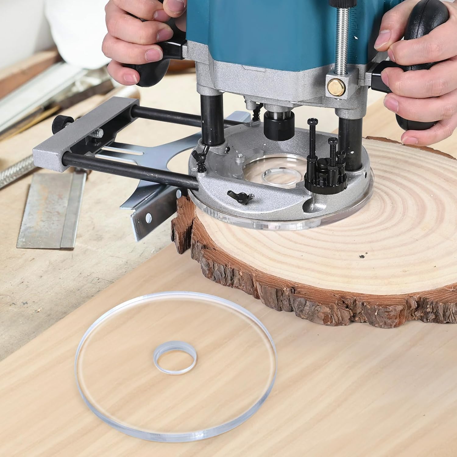 Dia 6-1/2" Router Base Plate,DIY Drilling, w/BrassCentering Pin &Brass Nut,5/16 Inch Thick Base Plate,Clear Acrylic,Screws for Trim Routers,Suitable for Any Router.
