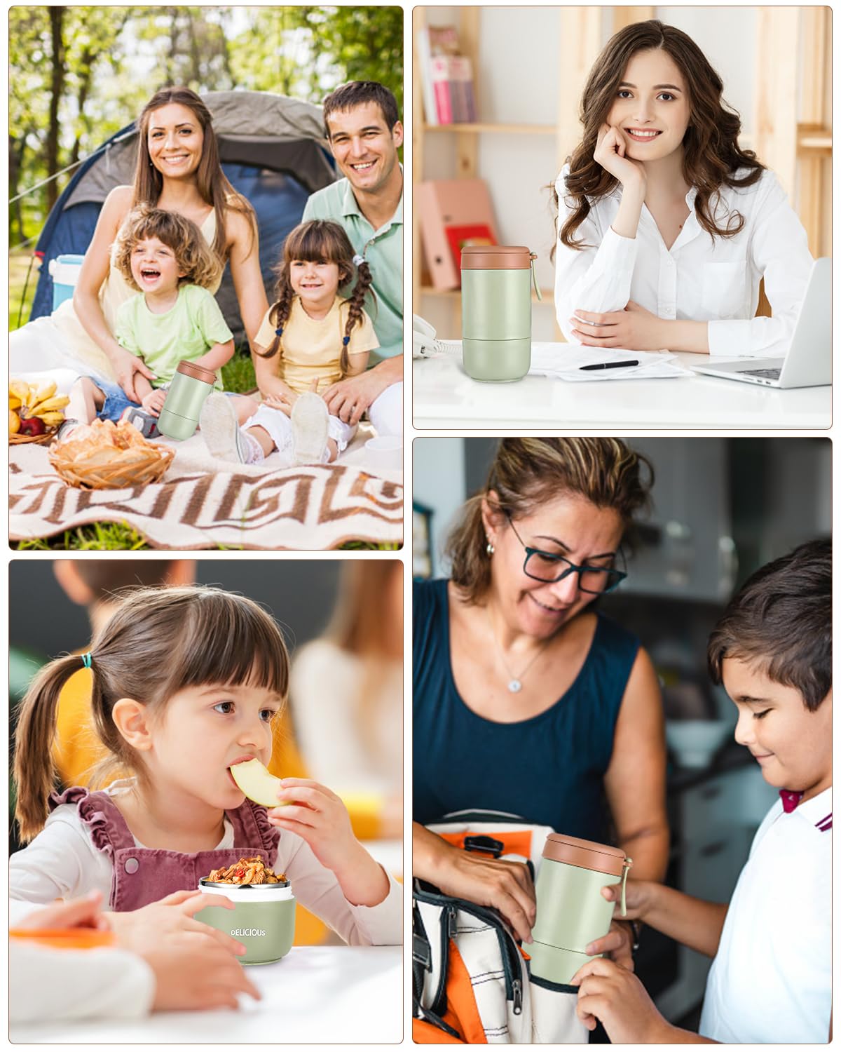 Tazza per Cereali, tazza per yogurt, con cucchiaio, contenitore per alimenti da 300+430 ml per muesli, yogurt, pappe, porridge, avena notturna, gelati e zuppe (verde)