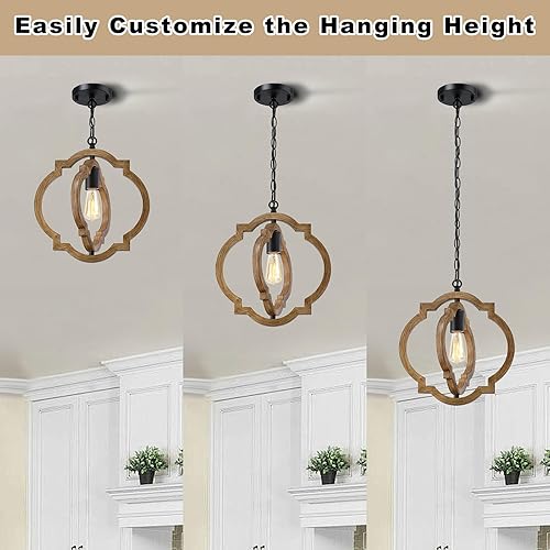 Miniatura 4 de Paquete de 2 lámparas colgantes de granja, luces colgantes de grano de madera para isla de cocina, altura ajustable, base E26, compatible con techo